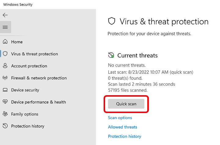 Click on Virus & threat protection.
Click on Quick scan or Full scan to check for malware.