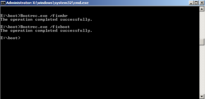 Once the Command Prompt opens, type bootrec /fixboot and press Enter.
Type bootrec /fixmbr and press Enter.