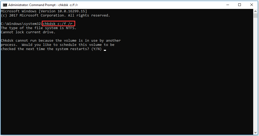 Open the Command Prompt as an administrator by searching for "cmd" in the Start menu, right-clicking on "Command Prompt", and selecting "Run as administrator".
Type chkdsk C: /f /r and press Enter to schedule a disk check on the C: drive.