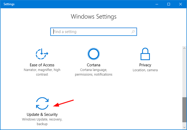 Open the Settings app by pressing Win+I.
Click on Update & Security.
