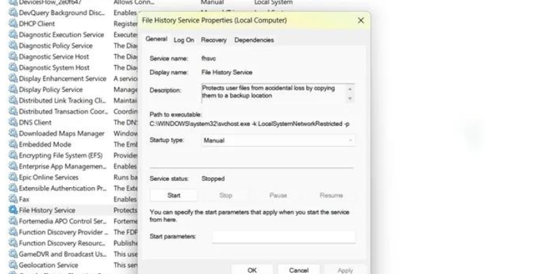 Scroll down and locate the "File History Service" in the list of services.
Right-click on the service and select "Restart" from the context menu.