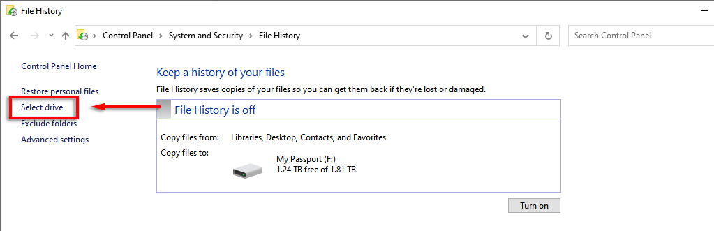 Select Backup from the left menu.
Ensure that File History is turned On.