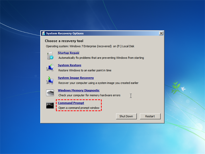 Select the operating system you want to repair (Windows 7) and click "Next."
Click on "Command Prompt."